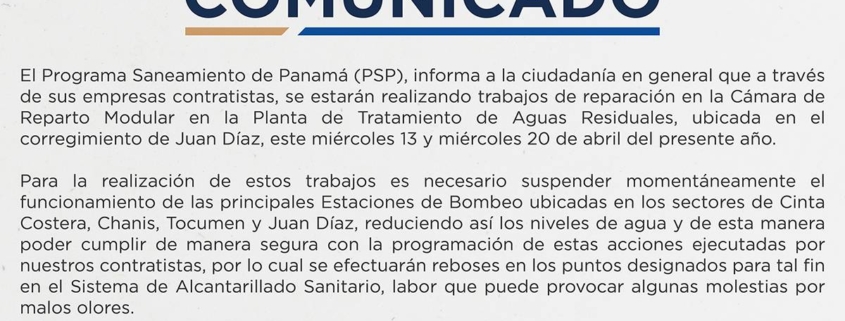 comunicado trabajos de reparaciÓn en ptar de juan dÍaz programa